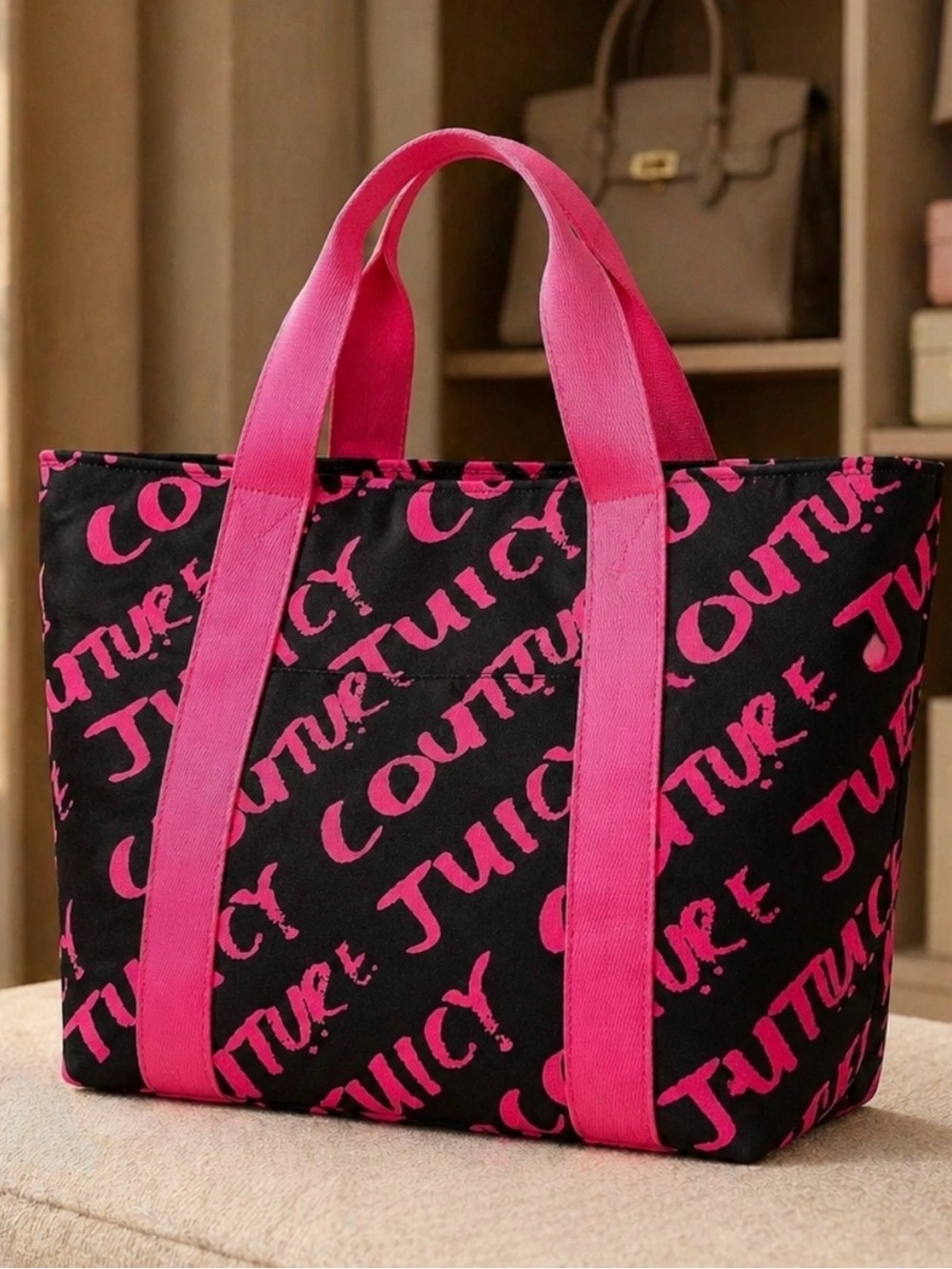 Juicy Couture large Black canvas Tote with Hot Pink Logo and Straps